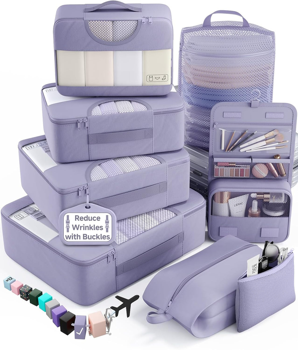 10 Set Packing Cubes for Travel Essentials,Anti-Wrinkle Buckled Suitcase Organizer for Shoe & Toiletry Bag,Carry On Luggage Bag with 99+ Count Mesh Holes for Airplane & College Dorm Accessories