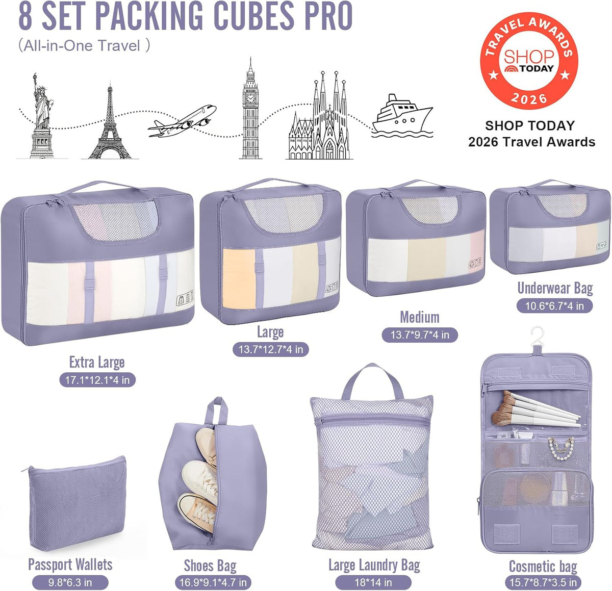 10 Set Packing Cubes for Travel Essentials,Anti-Wrinkle Buckled Suitcase Organizer for Shoe & Toiletry Bag,Carry On Luggage Bag with 99+ Count Mesh Holes for Airplane & College Dorm Accessories