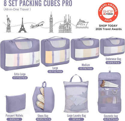 10 Set Packing Cubes for Travel Essentials,Anti-Wrinkle Buckled Suitcase Organizer for Shoe & Toiletry Bag,Carry On Luggage Bag with 99+ Count Mesh Holes for Airplane & College Dorm Accessories