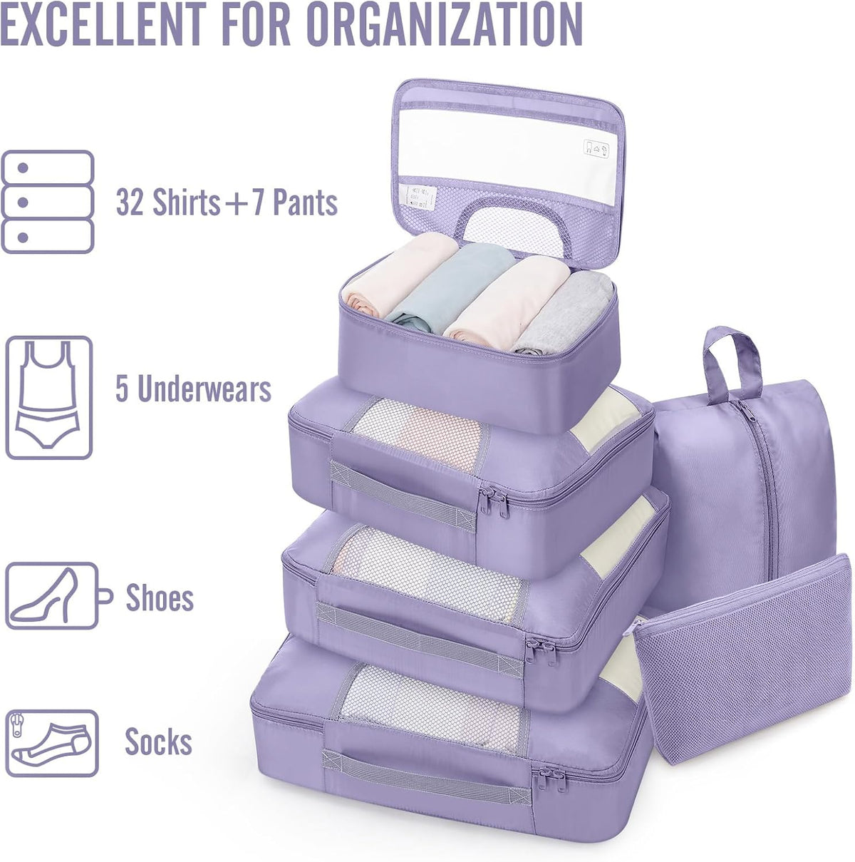 10 Set Packing Cubes for Travel Essentials,Anti-Wrinkle Buckled Suitcase Organizer for Shoe & Toiletry Bag,Carry On Luggage Bag with 99+ Count Mesh Holes for Airplane & College Dorm Accessories
