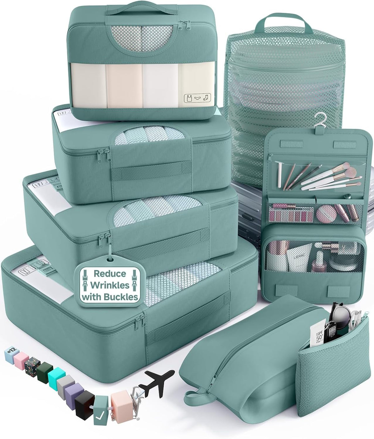 10 Set Packing Cubes for Travel Essentials,Anti-Wrinkle Buckled Suitcase Organizer for Shoe & Toiletry Bag,Carry On Luggage Bag with 99+ Count Mesh Holes for Airplane & College Dorm Accessories