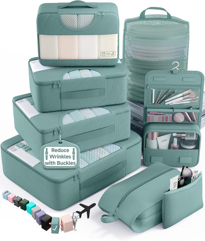 10 Set Packing Cubes for Travel Essentials,Anti-Wrinkle Buckled Suitcase Organizer for Shoe & Toiletry Bag,Carry On Luggage Bag with 99+ Count Mesh Holes for Airplane & College Dorm Accessories