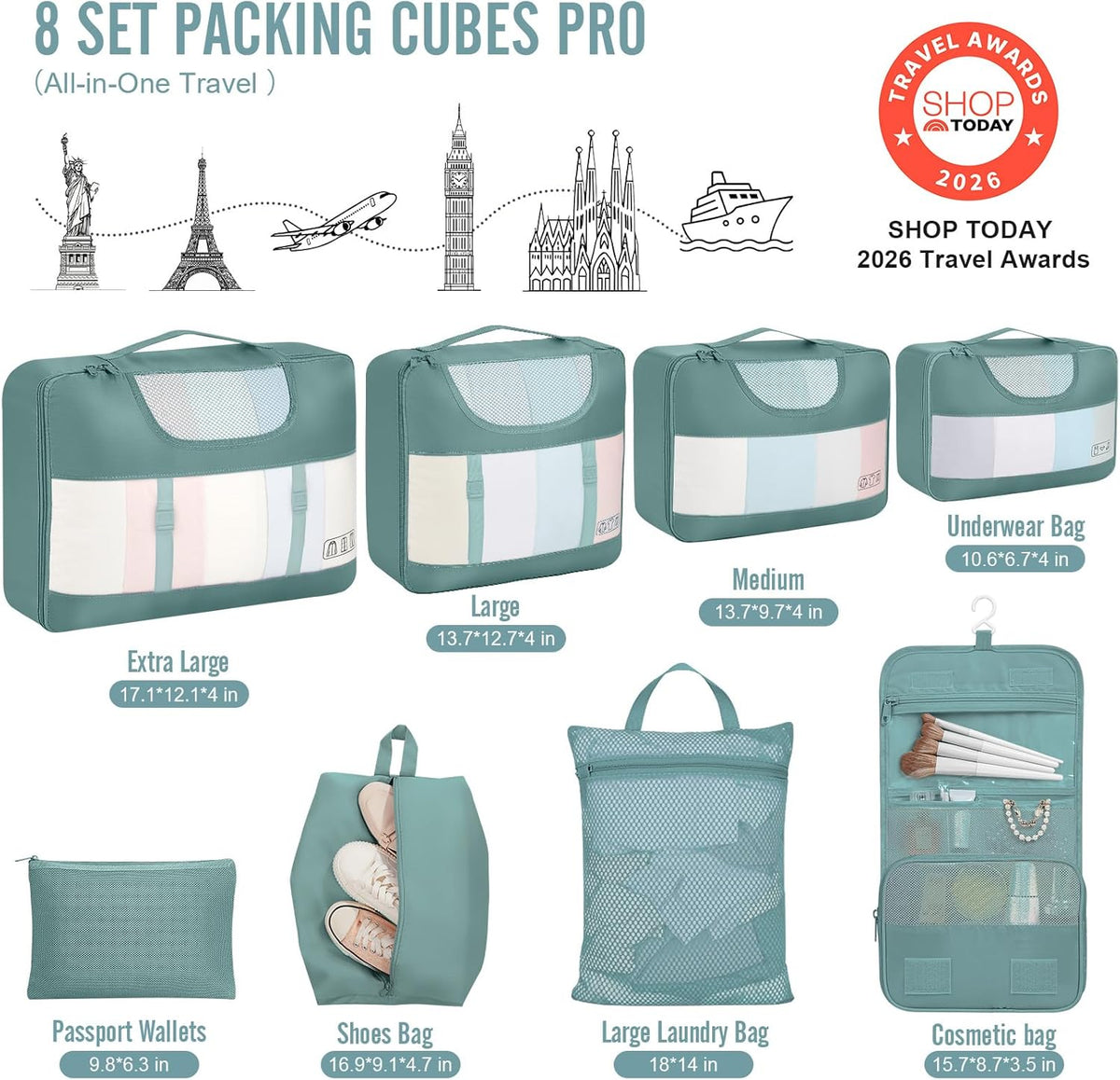 10 Set Packing Cubes for Travel Essentials,Anti-Wrinkle Buckled Suitcase Organizer for Shoe & Toiletry Bag,Carry On Luggage Bag with 99+ Count Mesh Holes for Airplane & College Dorm Accessories