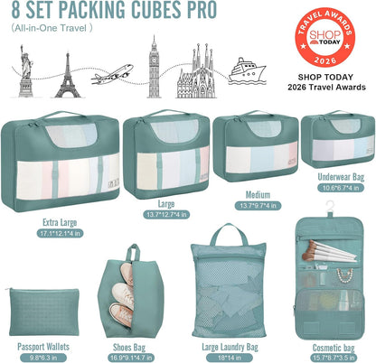 10 Set Packing Cubes for Travel Essentials,Anti-Wrinkle Buckled Suitcase Organizer for Shoe & Toiletry Bag,Carry On Luggage Bag with 99+ Count Mesh Holes for Airplane & College Dorm Accessories