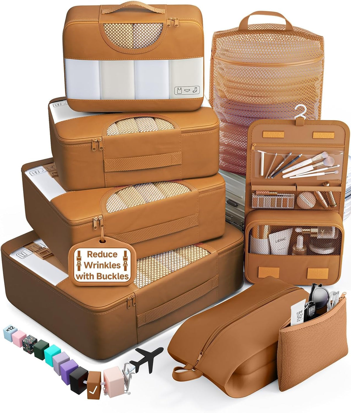 10 Set Packing Cubes for Travel Essentials,Anti-Wrinkle Buckled Suitcase Organizer for Shoe & Toiletry Bag,Carry On Luggage Bag with 99+ Count Mesh Holes for Airplane & College Dorm Accessories