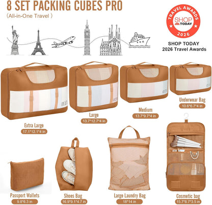 10 Set Packing Cubes for Travel Essentials,Anti-Wrinkle Buckled Suitcase Organizer for Shoe & Toiletry Bag,Carry On Luggage Bag with 99+ Count Mesh Holes for Airplane & College Dorm Accessories