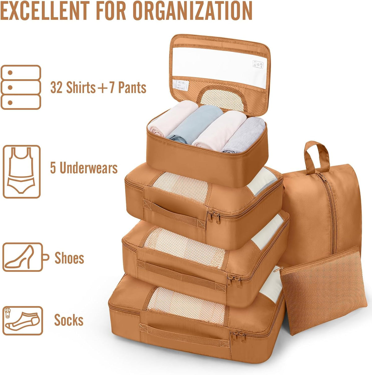 10 Set Packing Cubes for Travel Essentials,Anti-Wrinkle Buckled Suitcase Organizer for Shoe & Toiletry Bag,Carry On Luggage Bag with 99+ Count Mesh Holes for Airplane & College Dorm Accessories