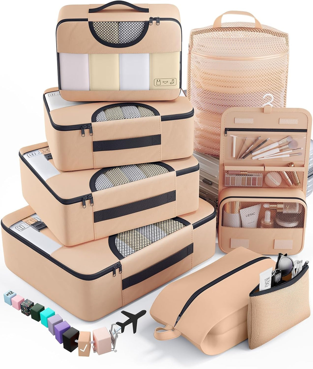10 Set Packing Cubes for Travel Essentials,Anti-Wrinkle Buckled Suitcase Organizer for Shoe & Toiletry Bag,Carry On Luggage Bag with 99+ Count Mesh Holes for Airplane & College Dorm Accessories