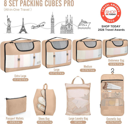 10 Set Packing Cubes for Travel Essentials,Anti-Wrinkle Buckled Suitcase Organizer for Shoe & Toiletry Bag,Carry On Luggage Bag with 99+ Count Mesh Holes for Airplane & College Dorm Accessories