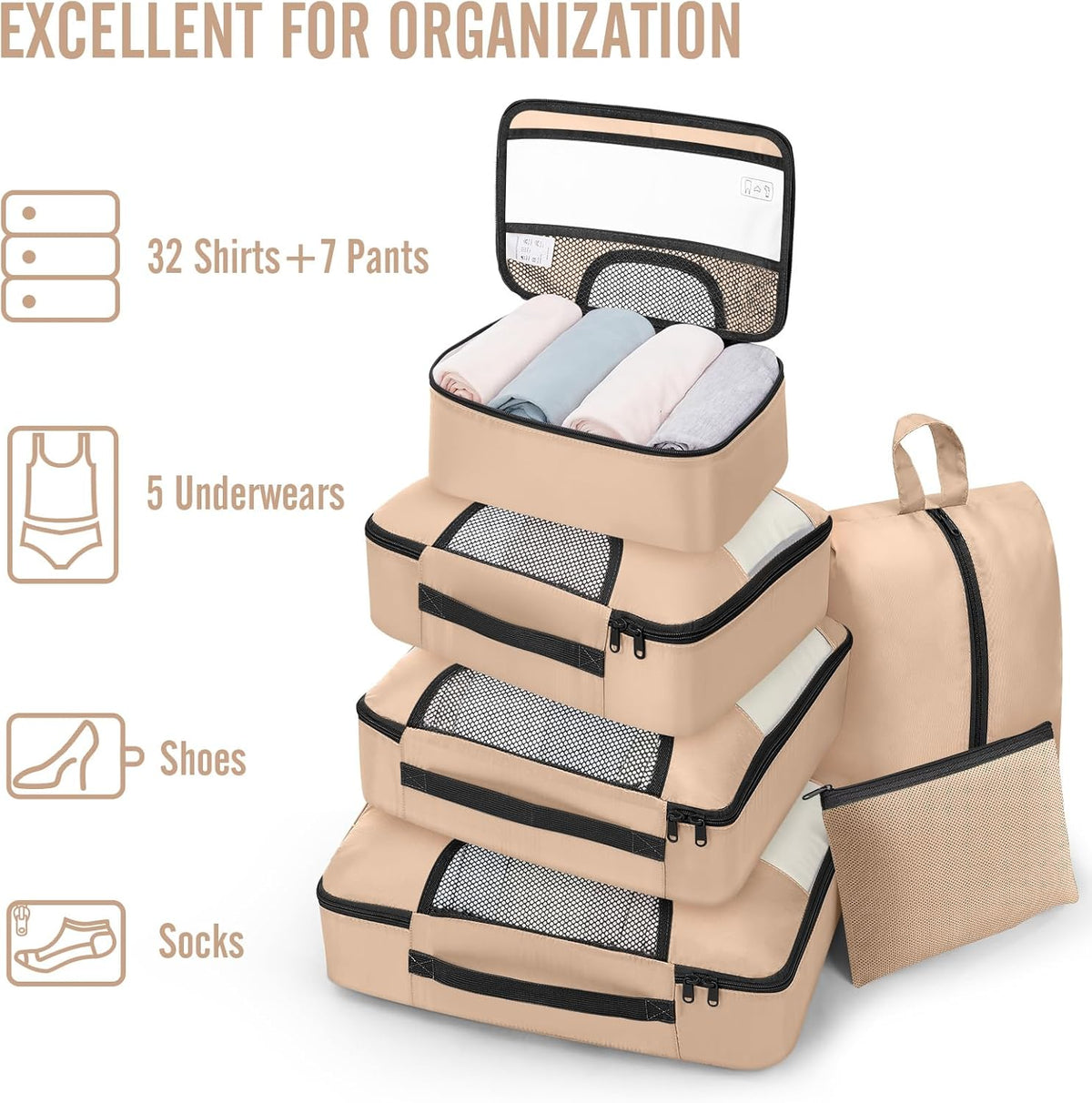 10 Set Packing Cubes for Travel Essentials,Anti-Wrinkle Buckled Suitcase Organizer for Shoe & Toiletry Bag,Carry On Luggage Bag with 99+ Count Mesh Holes for Airplane & College Dorm Accessories