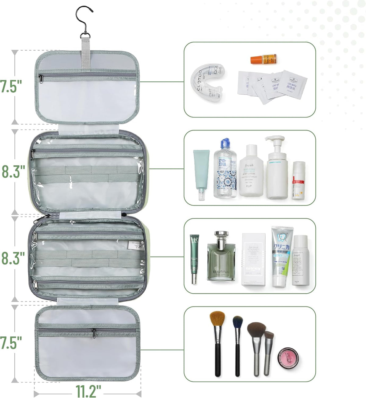 Travel Toiletry Bag Organizers, Green | Makeup Travel Bag for Toiletries with Hanging Hook, Water-Resistant