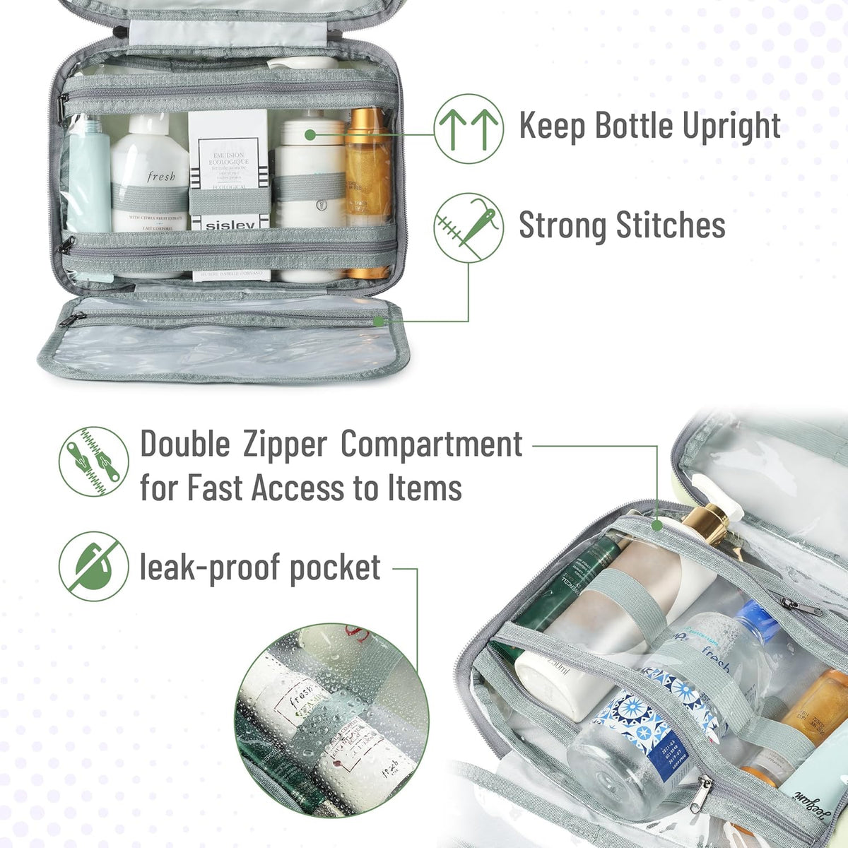 Travel Toiletry Bag Organizers, Green | Makeup Travel Bag for Toiletries with Hanging Hook, Water-Resistant