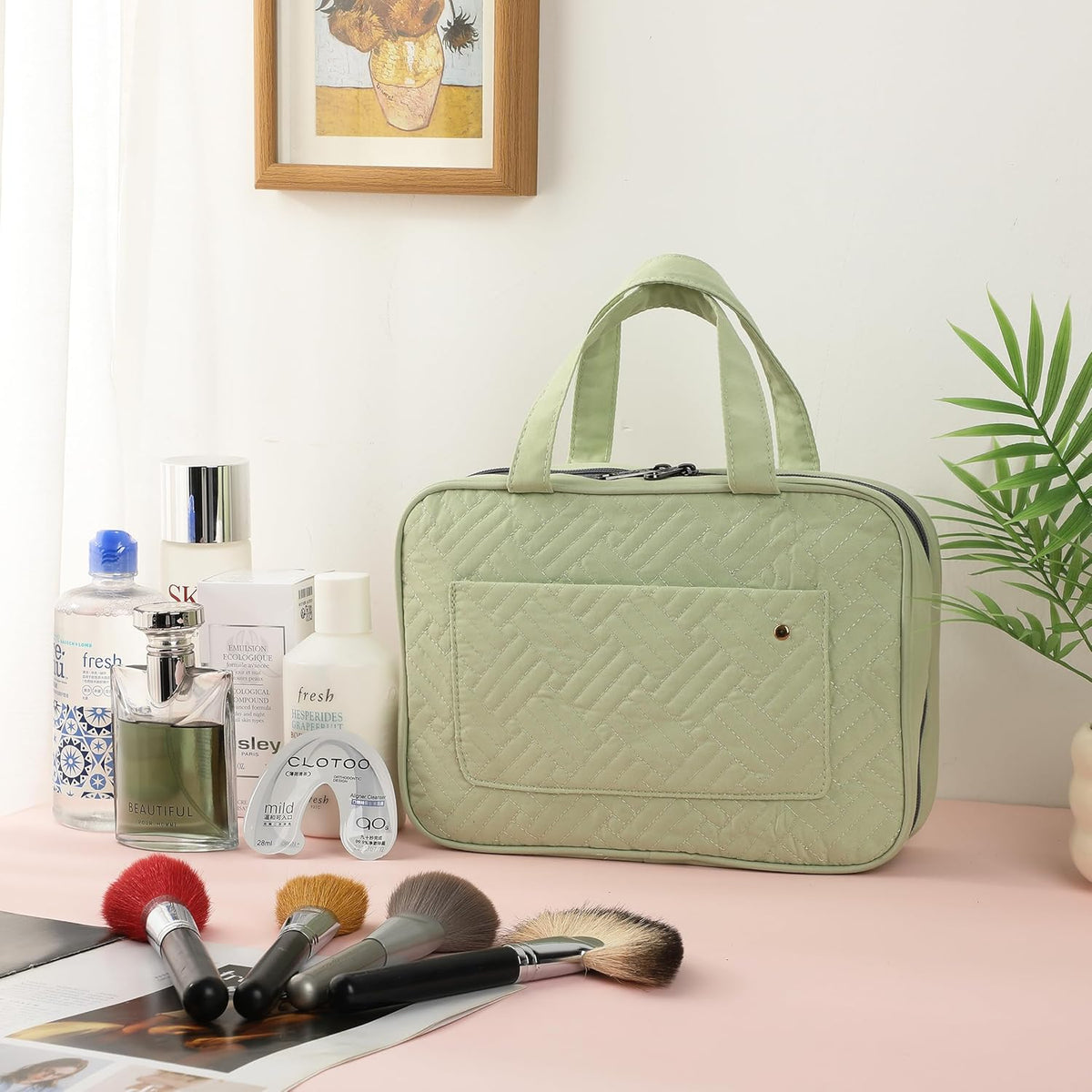 Travel Toiletry Bag Organizers, Green | Makeup Travel Bag for Toiletries with Hanging Hook, Water-Resistant