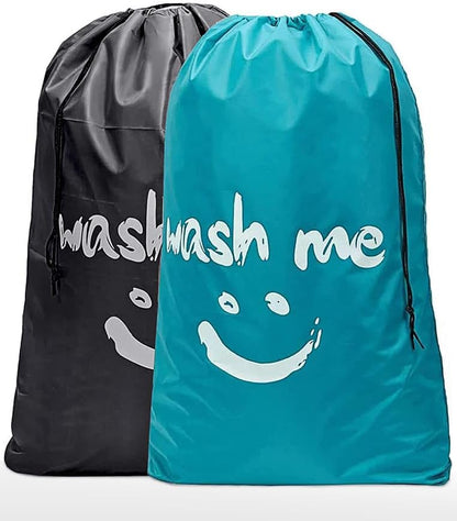 2 Pack Heavy Duty Travel Laundry Bags-Waterproof Drawstring Dirty Clothes Organizer for Camping,Gym&Hotels,Fits Laundry Baskets,Reusable Washable Storage Bags,Black+Blue.