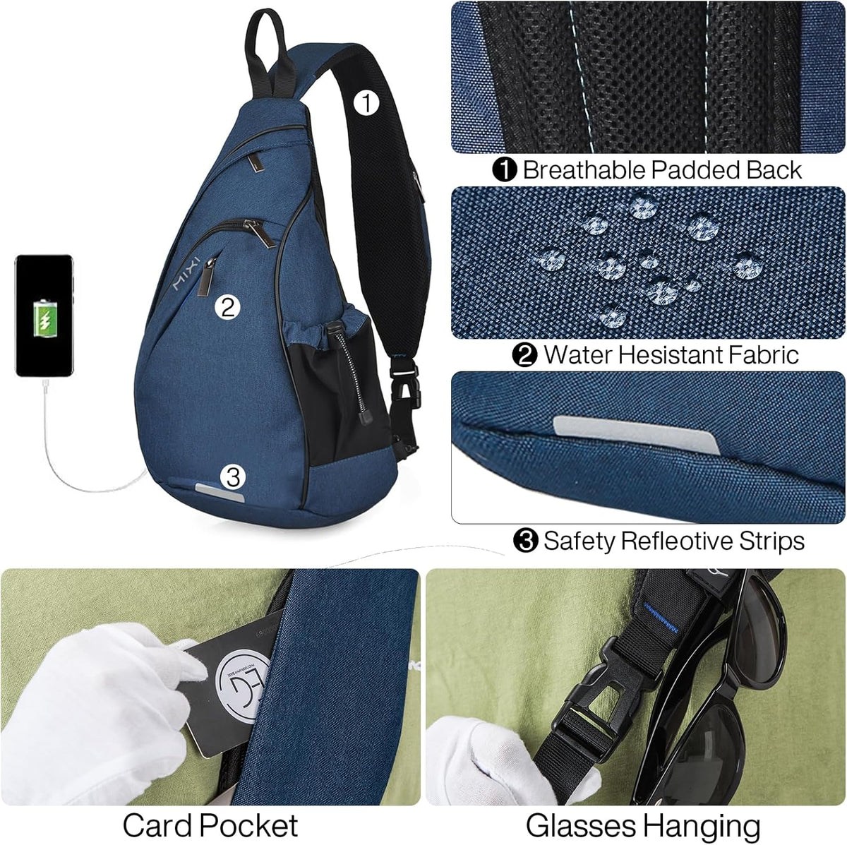 Sling Bag Men Backpack Unisex One Shoulder Bag Hiking Travel Backpack Crossbody with USB Port for Men Women Versatile Casual Daypack-19 inch,Dark Blue