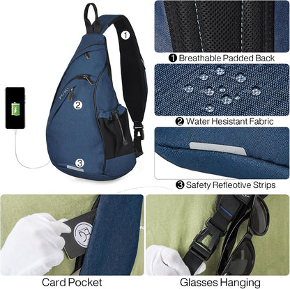 Sling Bag Men Backpack Unisex One Shoulder Bag Hiking Travel Backpack Crossbody with USB Port for Men Women Versatile Casual Daypack-19 inch,Dark Blue