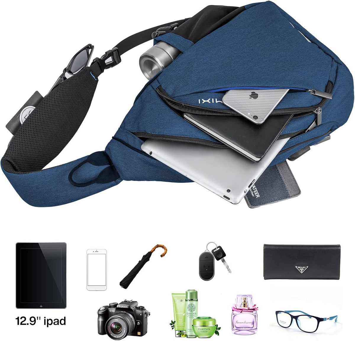 Sling Bag Men Backpack Unisex One Shoulder Bag Hiking Travel Backpack Crossbody with USB Port for Men Women Versatile Casual Daypack-19 inch,Dark Blue