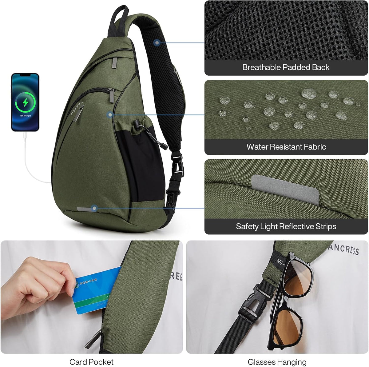 Sling Bag Men Backpack Unisex One Shoulder Bag Hiking Travel Backpack Crossbody with USB Port for Men Women Versatile Casual Daypack-19 inch,Dark Blue