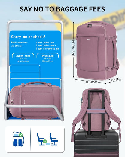Travel Backpack for Women, Carry on Backpack with USB Charging Hole, Spirit Airlines Personal Item Bag Flight Approved, 15.6 Inch Laptop Backpack with Anti Theft Pockets, 30L, Pink