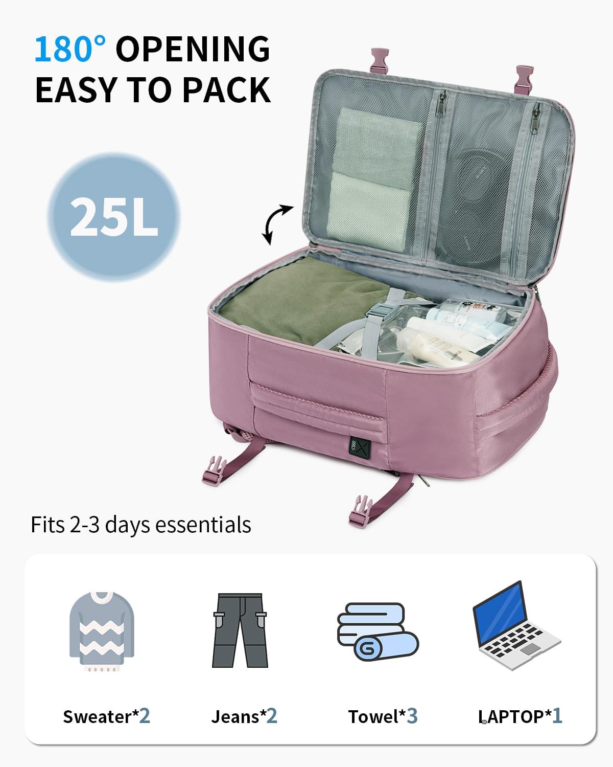 Travel Backpack for Women, Carry on Backpack with USB Charging Hole, Spirit Airlines Personal Item Bag Flight Approved, 15.6 Inch Laptop Backpack with Anti Theft Pockets, 30L, Pink
