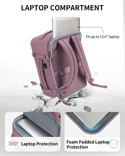 Travel Backpack for Women, Carry on Backpack with USB Charging Hole, Spirit Airlines Personal Item Bag Flight Approved, 15.6 Inch Laptop Backpack with Anti Theft Pockets, 30L, Pink