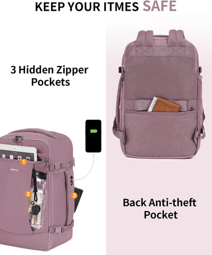Travel Backpack for Women, Carry on Backpack with USB Charging Hole, Spirit Airlines Personal Item Bag Flight Approved, 15.6 Inch Laptop Backpack with Anti Theft Pockets, 30L, Pink