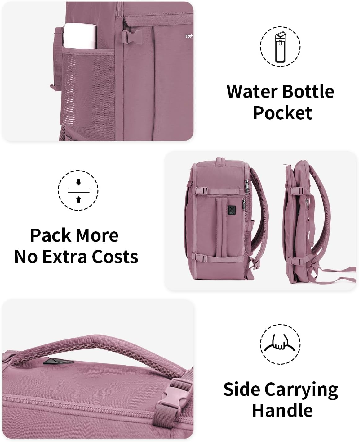 Travel Backpack for Women, Carry on Backpack with USB Charging Hole, Spirit Airlines Personal Item Bag Flight Approved, 15.6 Inch Laptop Backpack with Anti Theft Pockets, 30L, Pink