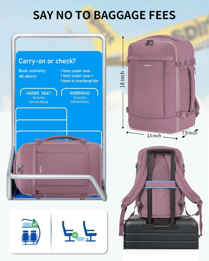 Travel Backpack for Women, Carry on Backpack with USB Charging Hole, Spirit Airlines Personal Item Bag Flight Approved, 15.6 Inch Laptop Backpack with Anti Theft Pockets, 30L, Pink