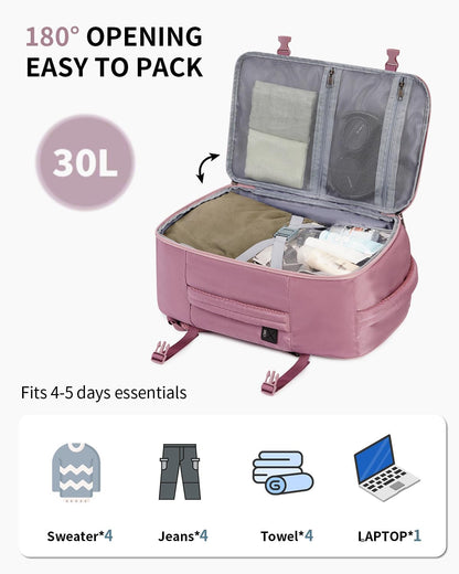 Travel Backpack for Women, Carry on Backpack with USB Charging Hole, Spirit Airlines Personal Item Bag Flight Approved, 15.6 Inch Laptop Backpack with Anti Theft Pockets, 30L, Pink