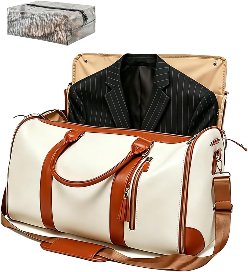 2 in 1 Convertible Garment Duffle Bags for Travel 45L Carry on Duffle Bag for Men & Women with Shoe Lmproved Zipper and Reinforced Straps Suitable for Business & Weekend Trips Beige