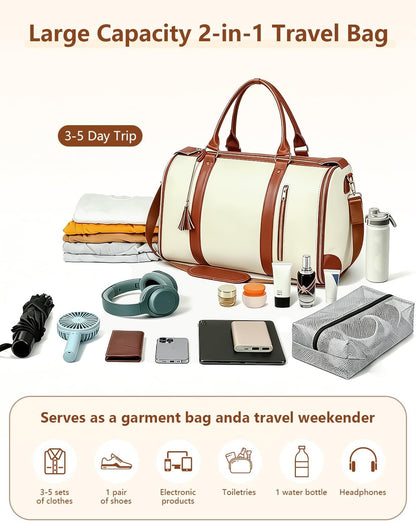 2 in 1 Convertible Garment Duffle Bags for Travel 45L Carry on Duffle Bag for Men & Women with Shoe Lmproved Zipper and Reinforced Straps Suitable for Business & Weekend Trips Beige