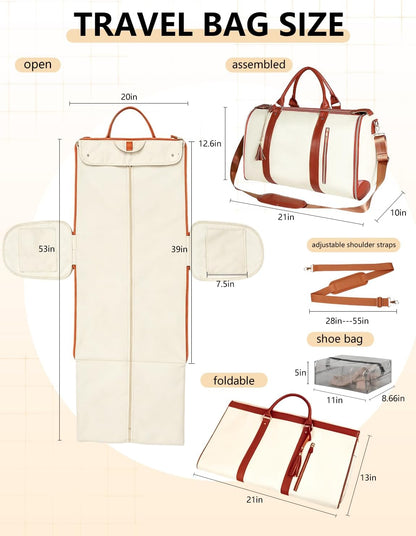 2 in 1 Convertible Garment Duffle Bags for Travel 45L Carry on Duffle Bag for Men & Women with Shoe Lmproved Zipper and Reinforced Straps Suitable for Business & Weekend Trips Beige