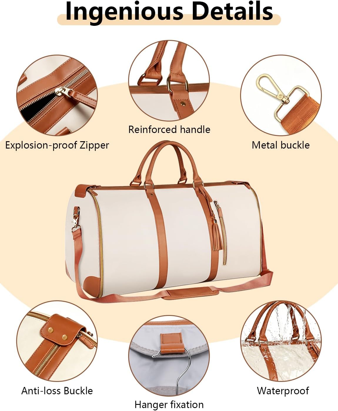 2 in 1 Convertible Garment Duffle Bags for Travel 45L Carry on Duffle Bag for Men & Women with Shoe Lmproved Zipper and Reinforced Straps Suitable for Business & Weekend Trips Beige