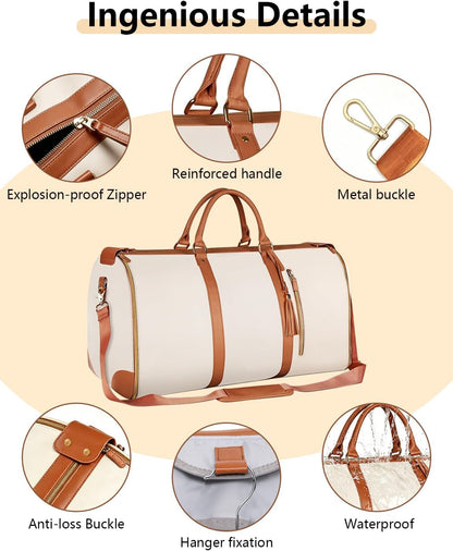 2 in 1 Convertible Garment Duffle Bags for Travel 45L Carry on Duffle Bag for Men & Women with Shoe Lmproved Zipper and Reinforced Straps Suitable for Business & Weekend Trips Beige