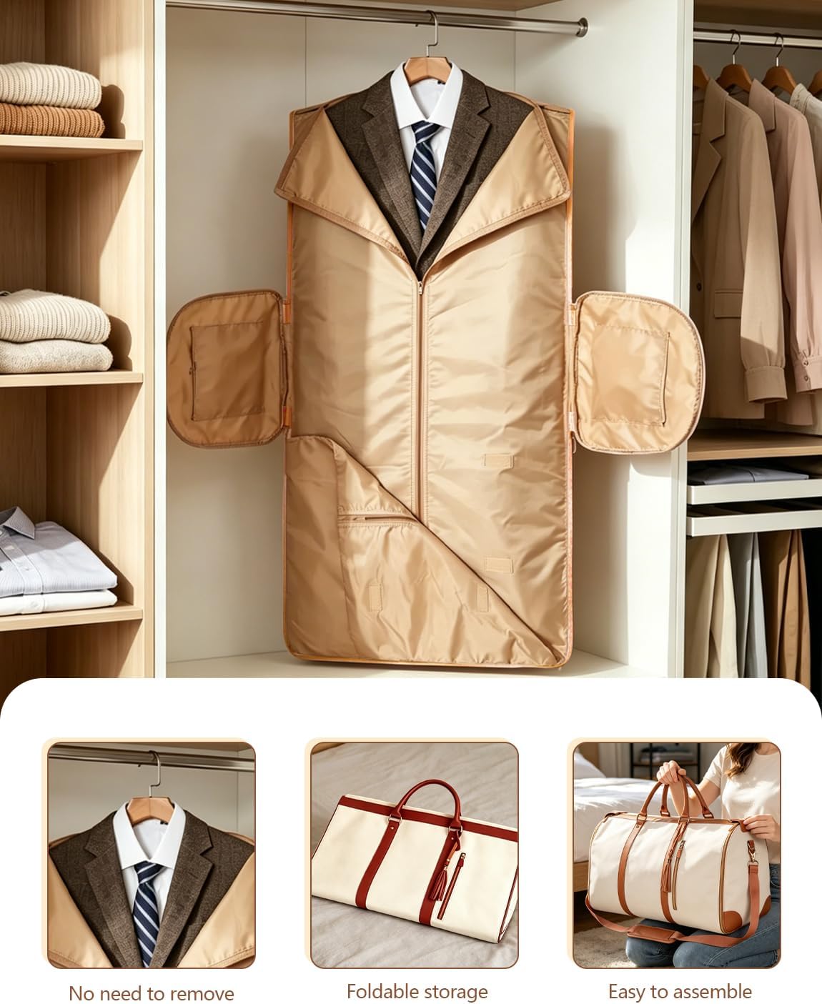 2 in 1 Convertible Garment Duffle Bags for Travel 45L Carry on Duffle Bag for Men & Women with Shoe Lmproved Zipper and Reinforced Straps Suitable for Business & Weekend Trips Beige