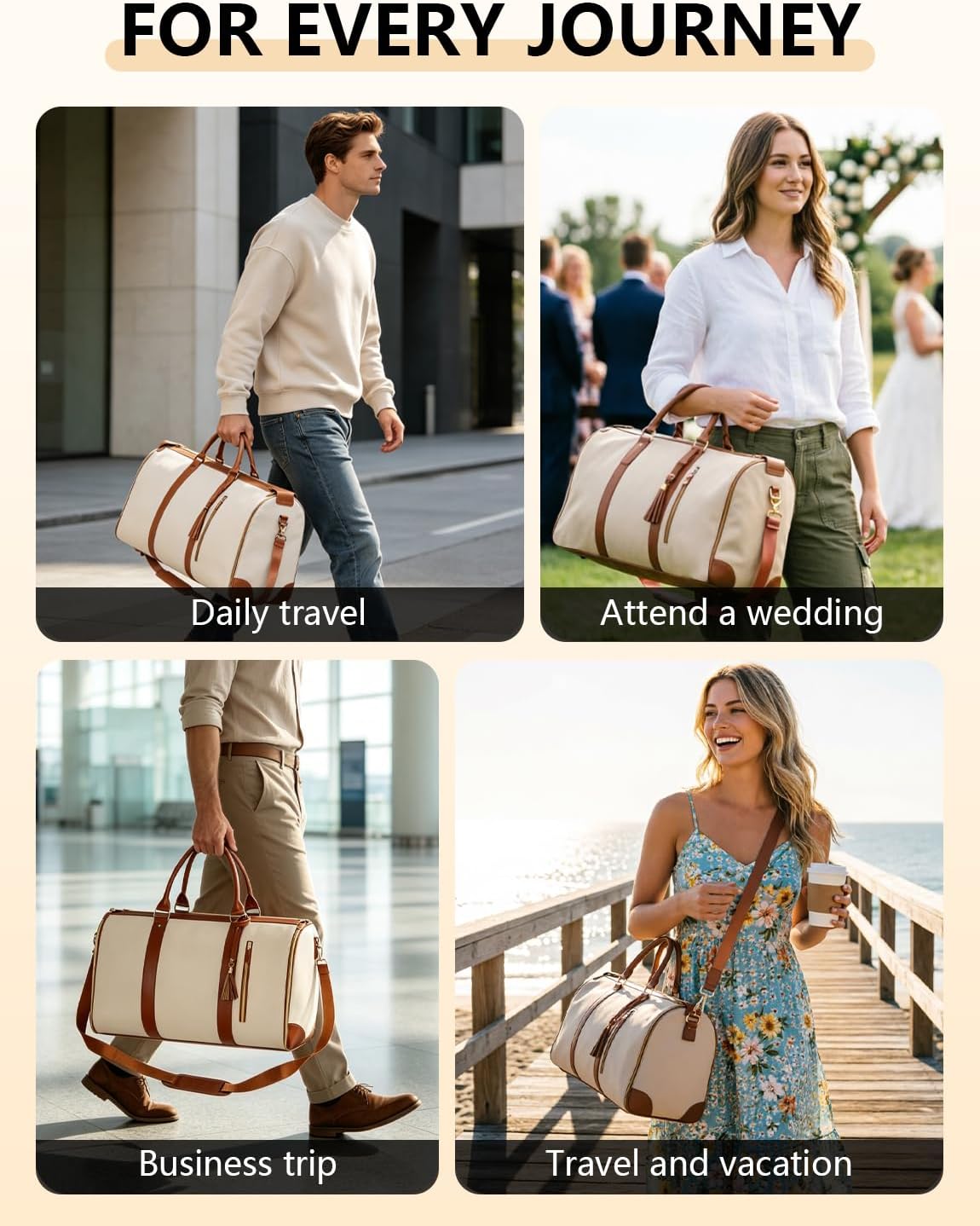2 in 1 Convertible Garment Duffle Bags for Travel 45L Carry on Duffle Bag for Men & Women with Shoe Lmproved Zipper and Reinforced Straps Suitable for Business & Weekend Trips Beige
