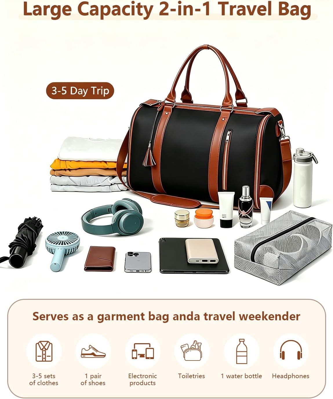 2 in 1 Convertible Garment Duffle Bags for Travel 45L Carry on Duffle Bag for Men & Women with Shoe Lmproved Zipper and Reinforced Straps Suitable for Business & Weekend Trips Beige