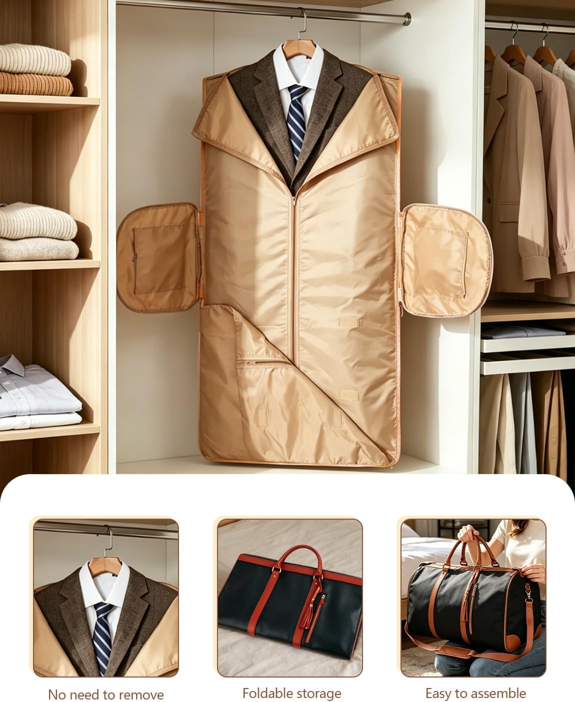 2 in 1 Convertible Garment Duffle Bags for Travel 45L Carry on Duffle Bag for Men & Women with Shoe Lmproved Zipper and Reinforced Straps Suitable for Business & Weekend Trips Beige