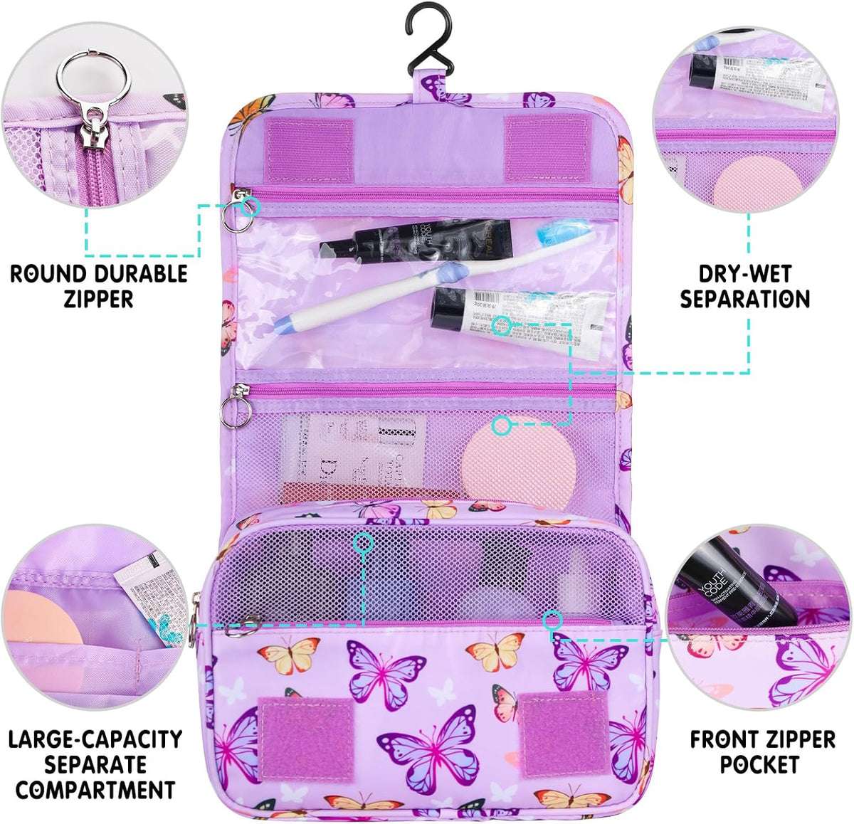 Purple Hanging Toiletry Bag for Girls, Travel Toiletry Bag for Teen Girls Cosmetic Makeup Waterproof Wash Bag Traveling Toiletries, Fluid