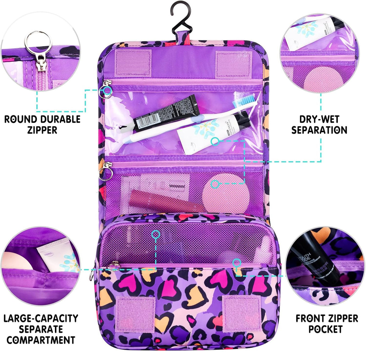 Purple Hanging Toiletry Bag for Girls, Travel Toiletry Bag for Teen Girls Cosmetic Makeup Waterproof Wash Bag Traveling Toiletries, Fluid