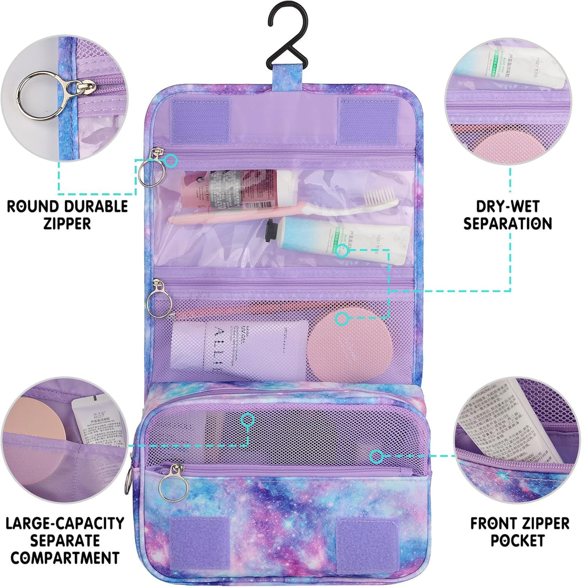 Purple Hanging Toiletry Bag for Girls, Travel Toiletry Bag for Teen Girls Cosmetic Makeup Waterproof Wash Bag Traveling Toiletries, Fluid