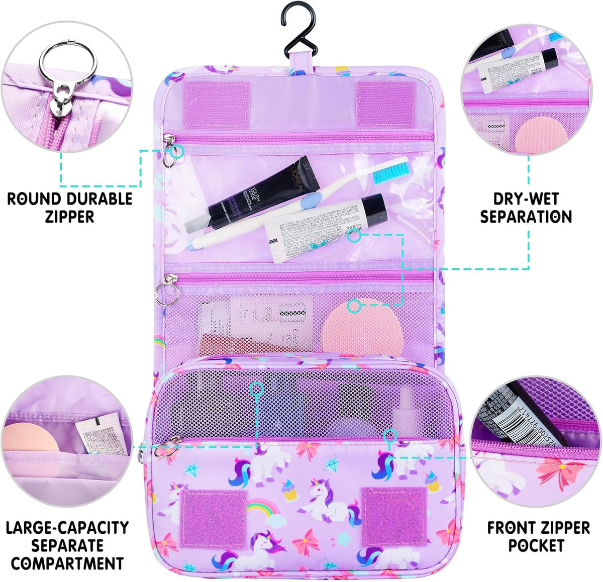 Purple Hanging Toiletry Bag for Girls, Travel Toiletry Bag for Teen Girls Cosmetic Makeup Waterproof Wash Bag Traveling Toiletries, Fluid