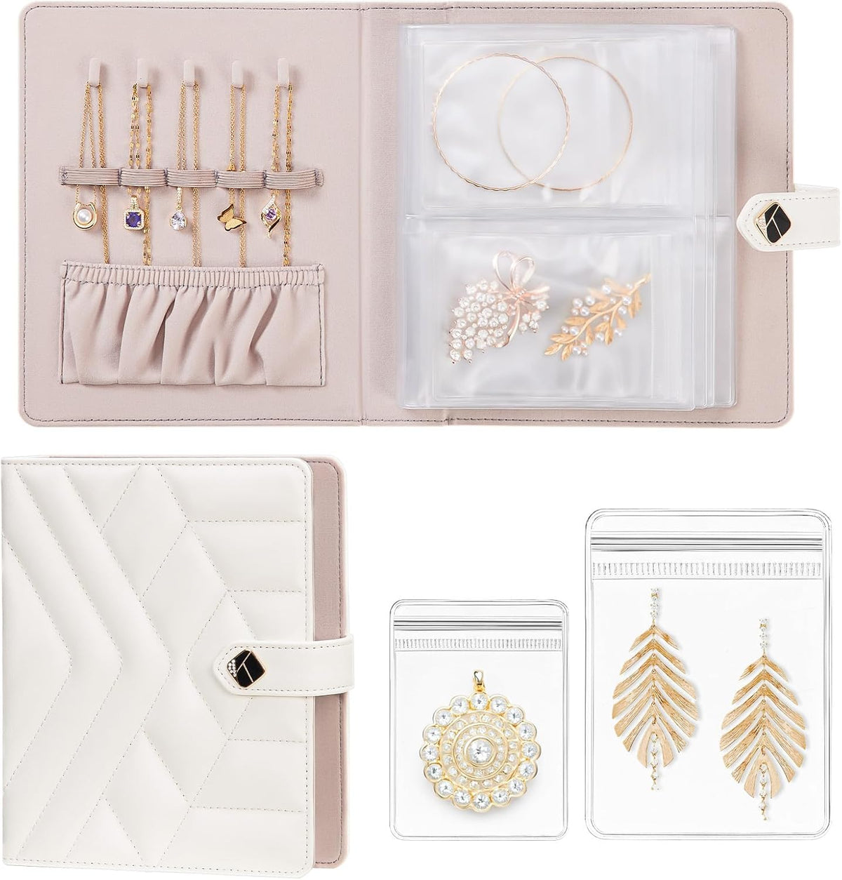 Women Travel Jewelry Box: Storage Case with Plastic Pouches for Ring Necklace Earring - Organizer Gift for Mother Sister Friend