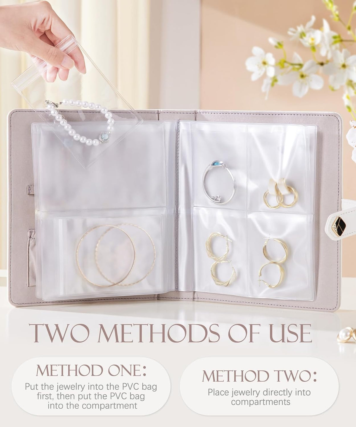 Women Travel Jewelry Box: Storage Case with Plastic Pouches for Ring Necklace Earring - Organizer Gift for Mother Sister Friend
