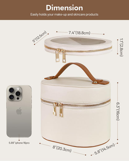 2 Pcs Makeup Bag Set Travel Cosmetic Case with Clear Pouch for Women | Removable Divider, Vanity Case, Waterproof, Vegan Leather, Elastic Slot, Dual Zipper, Structured, Large Capacity, Easy Clean