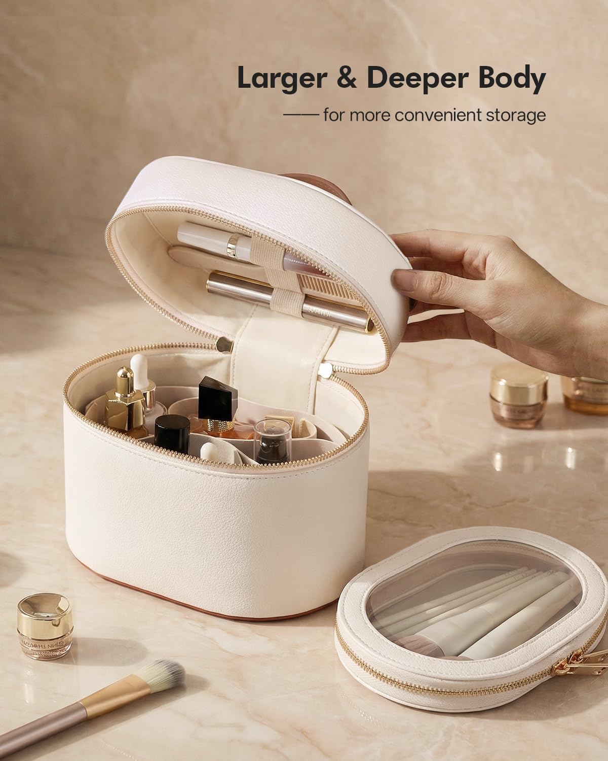 2 Pcs Makeup Bag Set Travel Cosmetic Case with Clear Pouch for Women | Removable Divider, Vanity Case, Waterproof, Vegan Leather, Elastic Slot, Dual Zipper, Structured, Large Capacity, Easy Clean