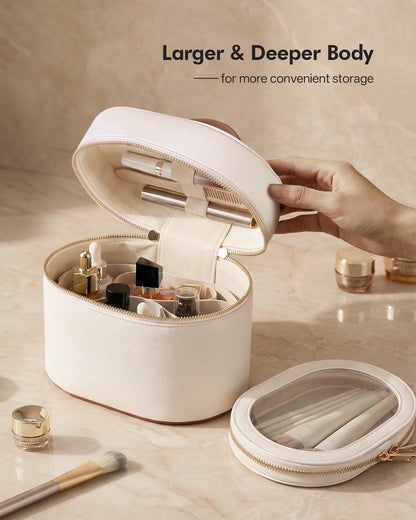2 Pcs Makeup Bag Set Travel Cosmetic Case with Clear Pouch for Women | Removable Divider, Vanity Case, Waterproof, Vegan Leather, Elastic Slot, Dual Zipper, Structured, Large Capacity, Easy Clean