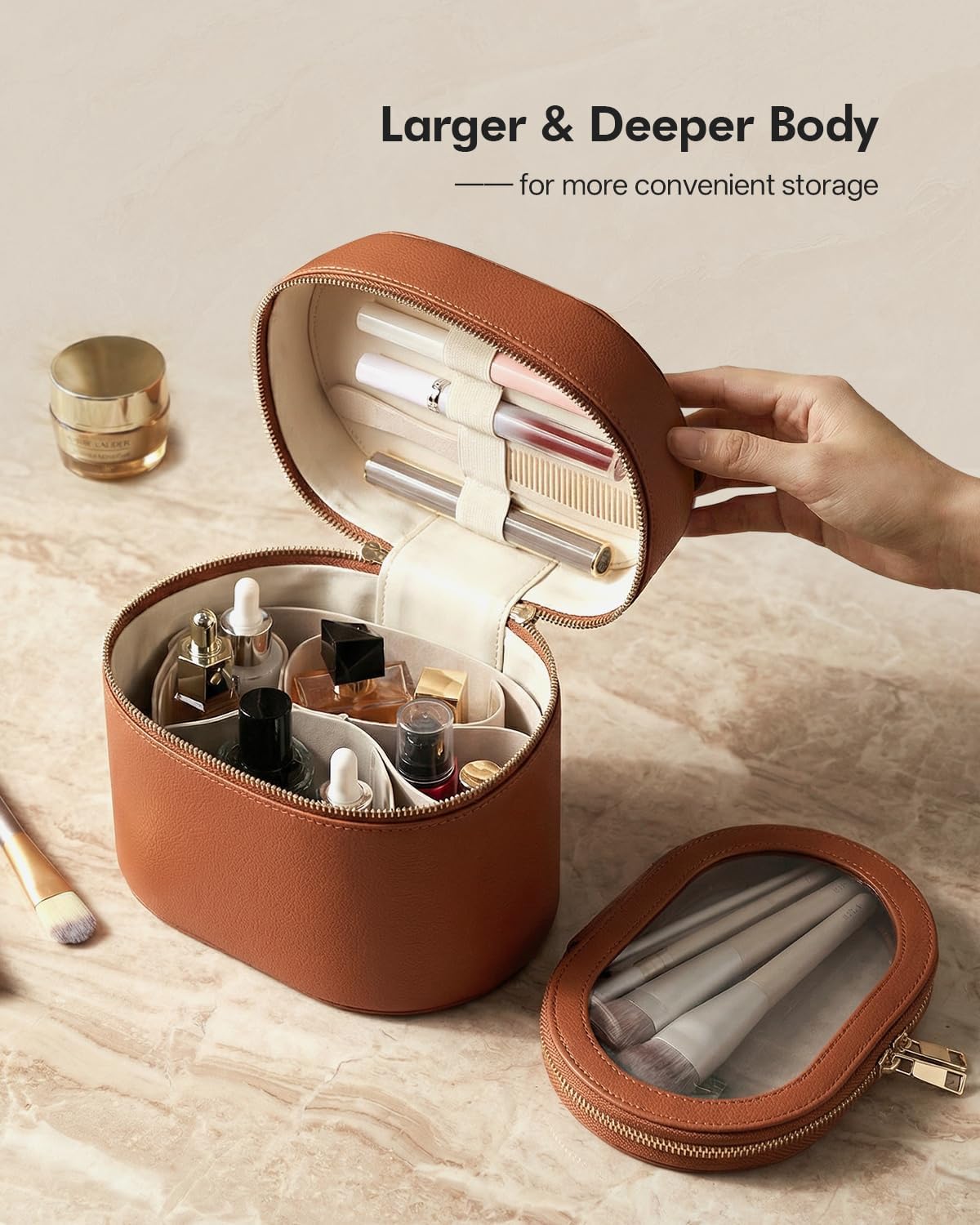 2 Pcs Makeup Bag Set Travel Cosmetic Case with Clear Pouch for Women | Removable Divider, Vanity Case, Waterproof, Vegan Leather, Elastic Slot, Dual Zipper, Structured, Large Capacity, Easy Clean