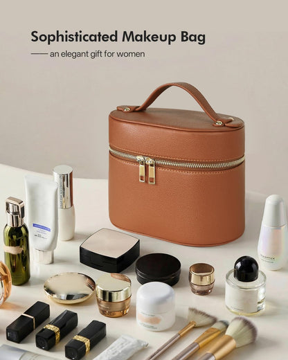 2 Pcs Makeup Bag Set Travel Cosmetic Case with Clear Pouch for Women | Removable Divider, Vanity Case, Waterproof, Vegan Leather, Elastic Slot, Dual Zipper, Structured, Large Capacity, Easy Clean