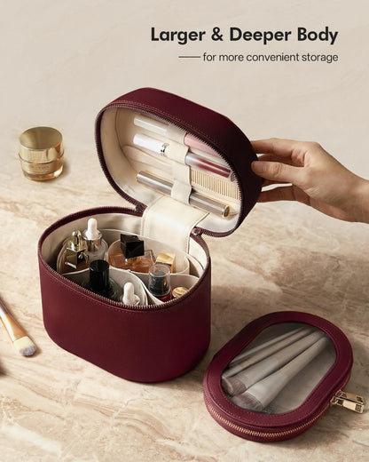 2 Pcs Makeup Bag Set Travel Cosmetic Case with Clear Pouch for Women | Removable Divider, Vanity Case, Waterproof, Vegan Leather, Elastic Slot, Dual Zipper, Structured, Large Capacity, Easy Clean